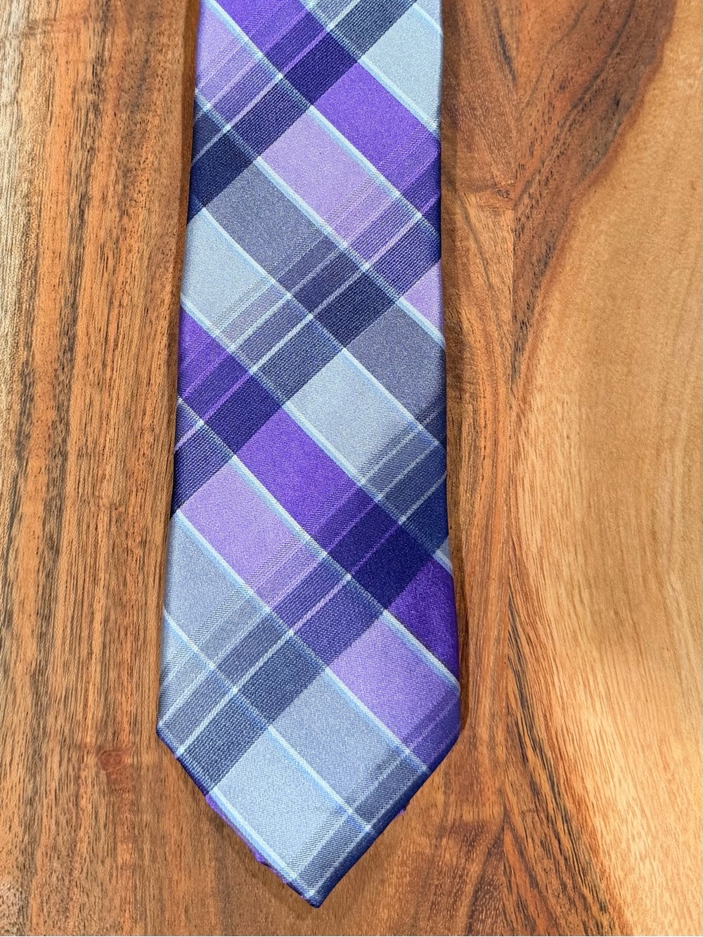 ck Calvin Klein Silk Tie Mens Purple Gray Plaid Tartan Pattern Classic Necktie